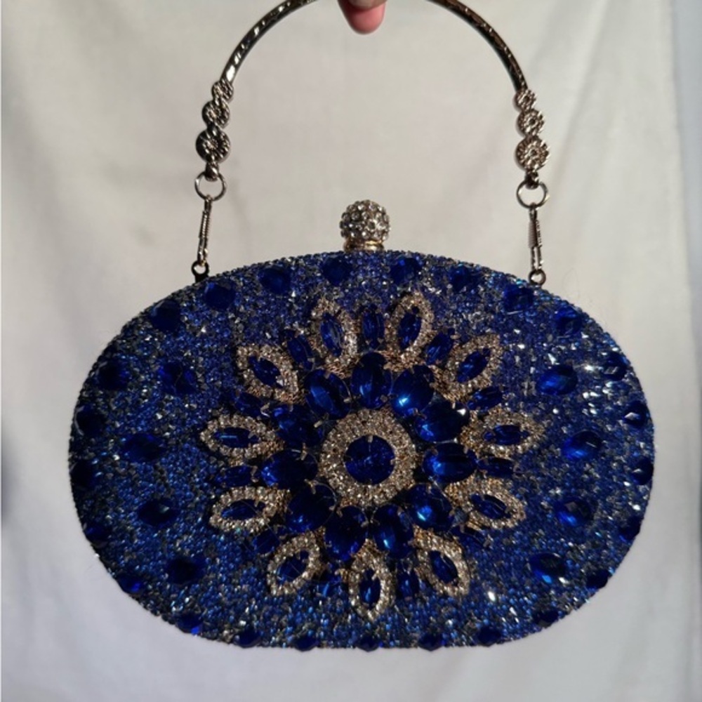 Blue Crystal Rhinestone Evening Clutch Bag with Gold Handle vintage